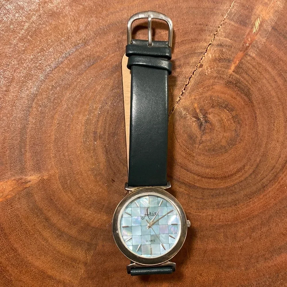 ARIA Sterling Silver Quartz Watch - Green Mother of Pearl Face & Leather‎ Band